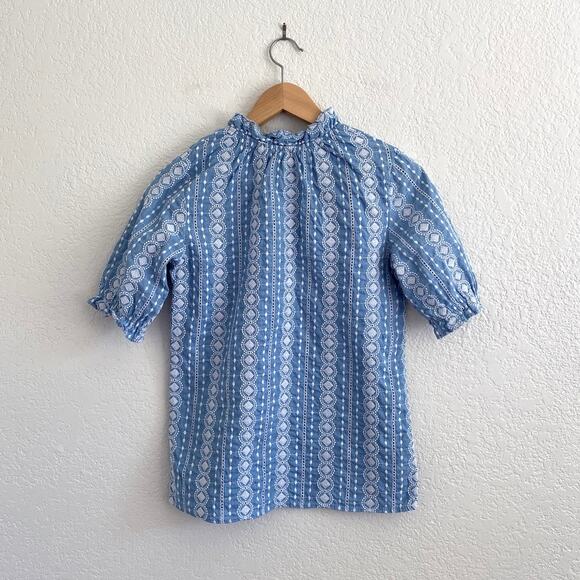 Luna Rae Chambray Eyelet Blouse Ruffle Neck Puff Sleeve Blue Embroidered Top - Picture 3 of 6